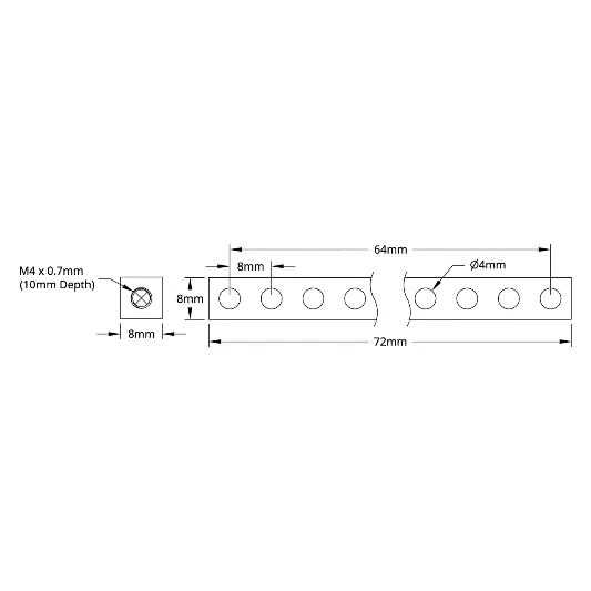 3106 Series Square Beam (9 Hole, 72mm Length) technical drawing