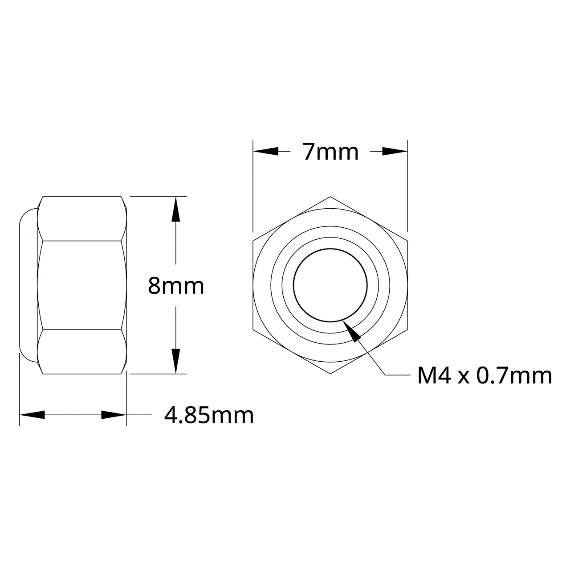 2812 Series Zinc-Plated Steel Nylon-Insert Locknut (M4 x 0.7mm, 7mm Hex) technical drawing