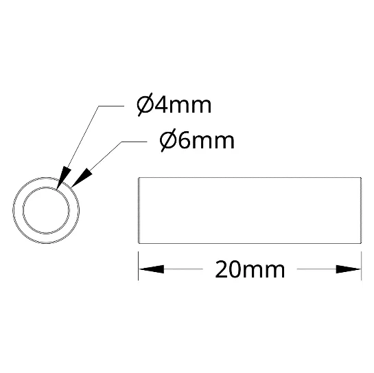 3502 Series 4mm ID Spacer (6mm OD, 20mm Length) technical drawing