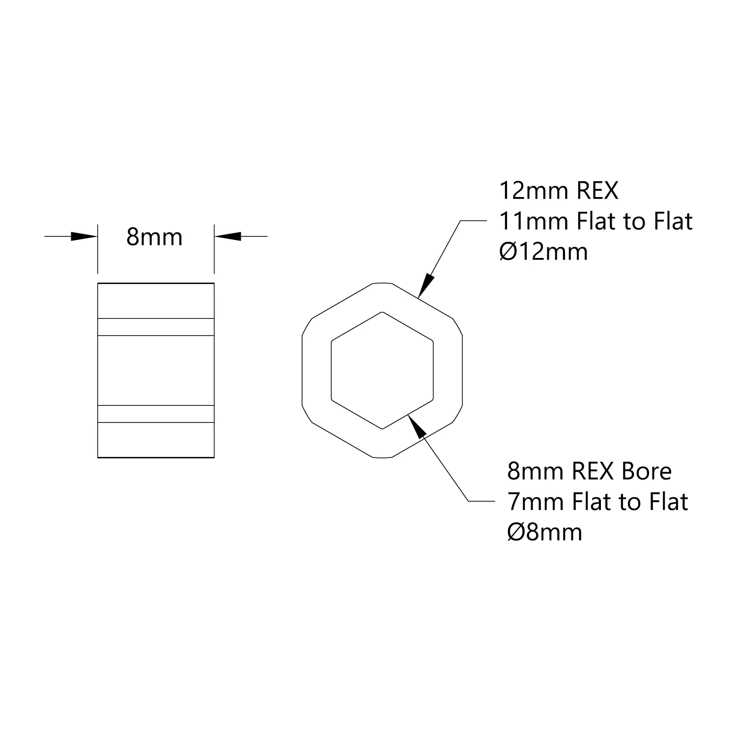 8mm REX Plastic Spacer (12mm REX OD, 8mm Length) - 12 Pack technical drawing
