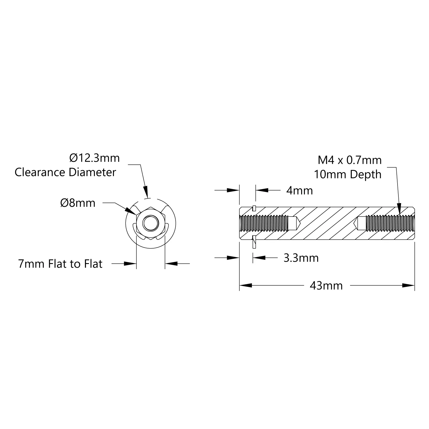 4106 Series Stainless Steel REX Shaft (8mm Diameter, 43mm Length) technical drawing