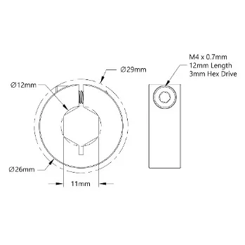 4910 Series Aluminum Clamping Collar (12mm REX ID x 26mm OD, 10mm Length) technical drawing