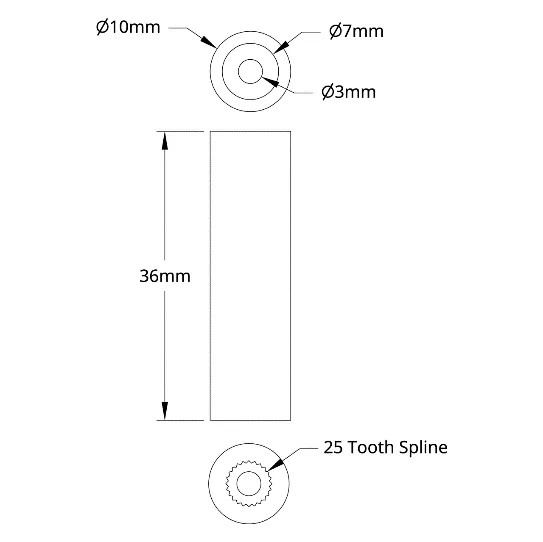 3911 Series Servo Shaft (25 Tooth Spline, 10mm Shaft Diameter, 36mm Length) technical drawing
