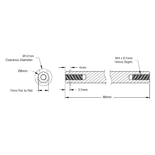 4106 Series Stainless Steel REX Shaft (8mm Diameter, 88mm Length) technical drawing