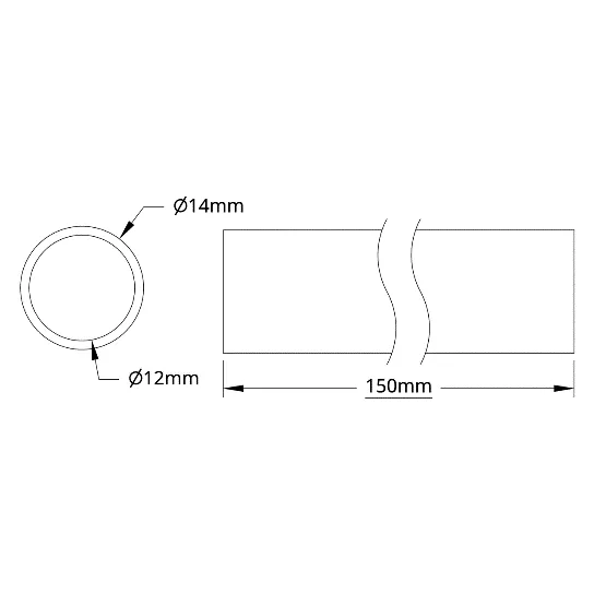 6100Series Aluminum Tube (12mm ID x 14mm OD, 150mm Length) technical drawing