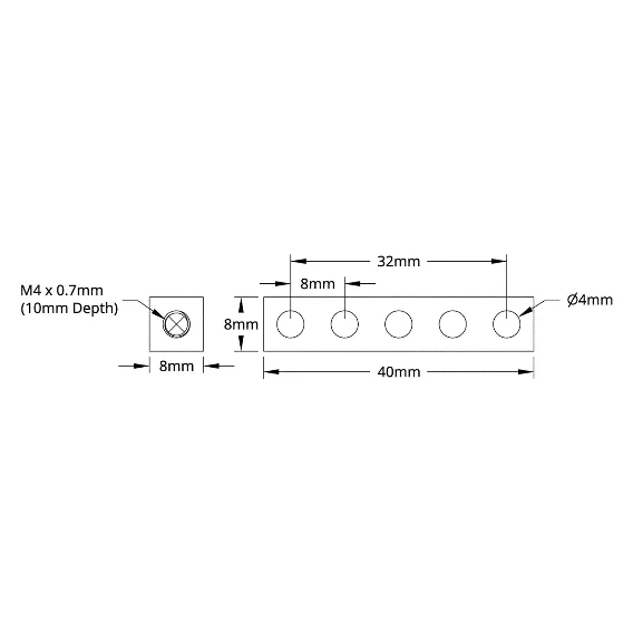 3106 Series Square Beam (5 Hole, 40mm Length) technical drawing