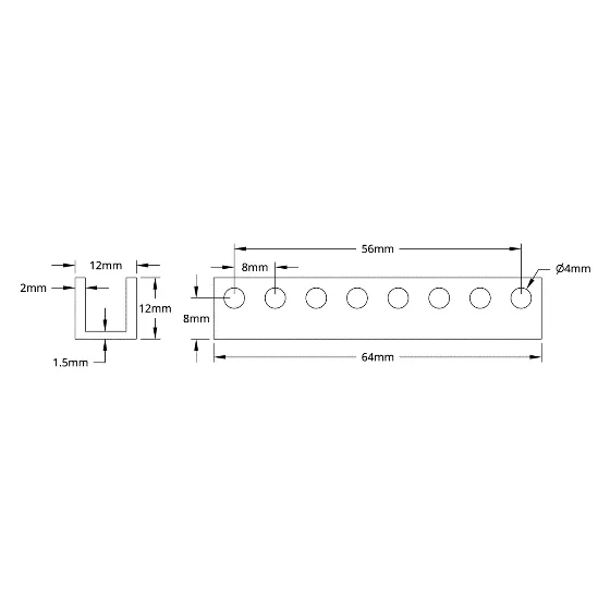 3101 Series U-Beam (8 Hole, 64mm Length) technical drawing