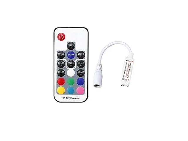 Mini RF RGB LED Strip Controller with 17-Key Remote, 5–24V 12A