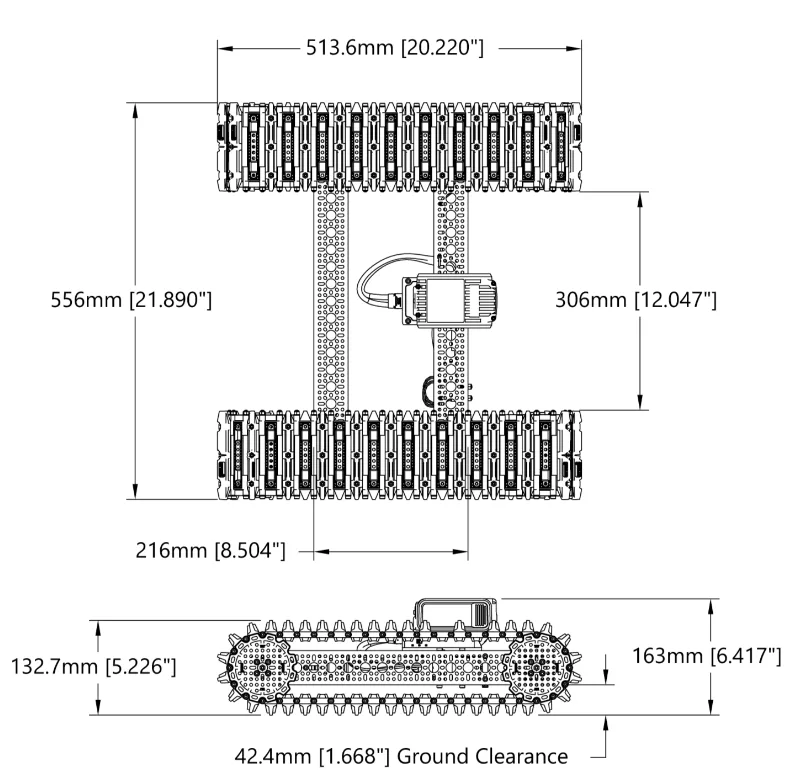 Bravo RC Tank Track Chassis (Grouser Paddles,25lb Payload, 4mph) technical drawing