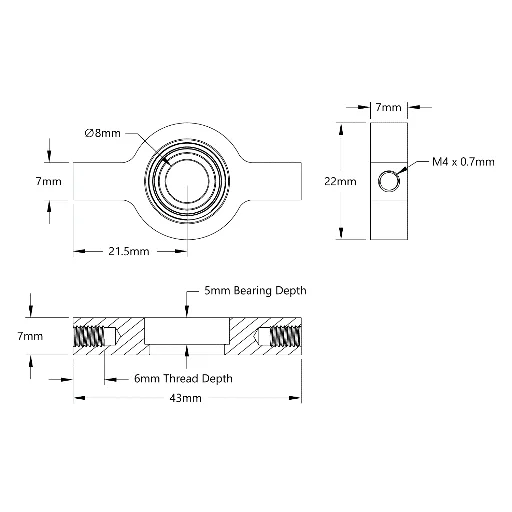 3606 Series 2-Side, 1-Post Pillow Block (8mm Bore) technical drawing