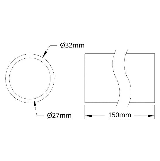 6100Series Aluminum Tube (27mm ID x 32mm OD, 150mm Length) technical drawing