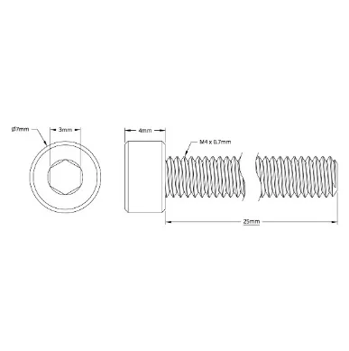 2800 Series Zinc-Plated Steel Socket Head Screw (M4 x 0.7mm, 25mm Length) technical drawing