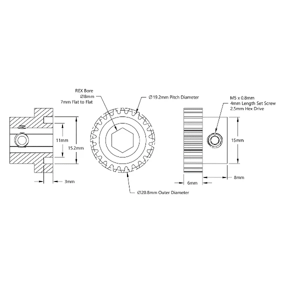 4303 Series Steel, MOD 0.8 Pinion Gear (8mm REX Bore, 24 Tooth) technical drawing