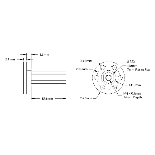 Flanged Stainless Steel Shaft for REV Motion Pattern (8mm REX, 29mm Length) technical drawing