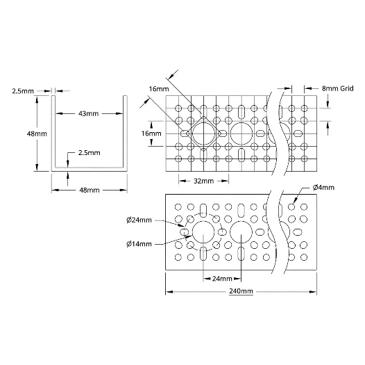 3120 Series U-Channel (9 Hole, 240mm Length) technical drawing