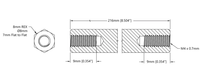 3516 Series 8mm REX Standoff (M4 x 0.7mm Threads, 216mm Length) - 4 Pack technical drawing