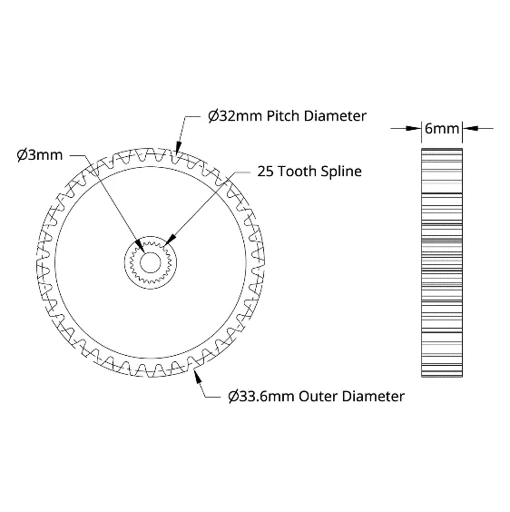 4307 Series Steel, MOD 0.8, Servo Gear (25 Tooth Spline, 40 Tooth) technical drawing