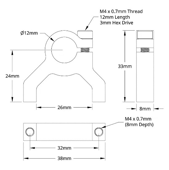 3400 Series 1-Side, 2-Post Clamping Mount (12mm Bore) technical drawing