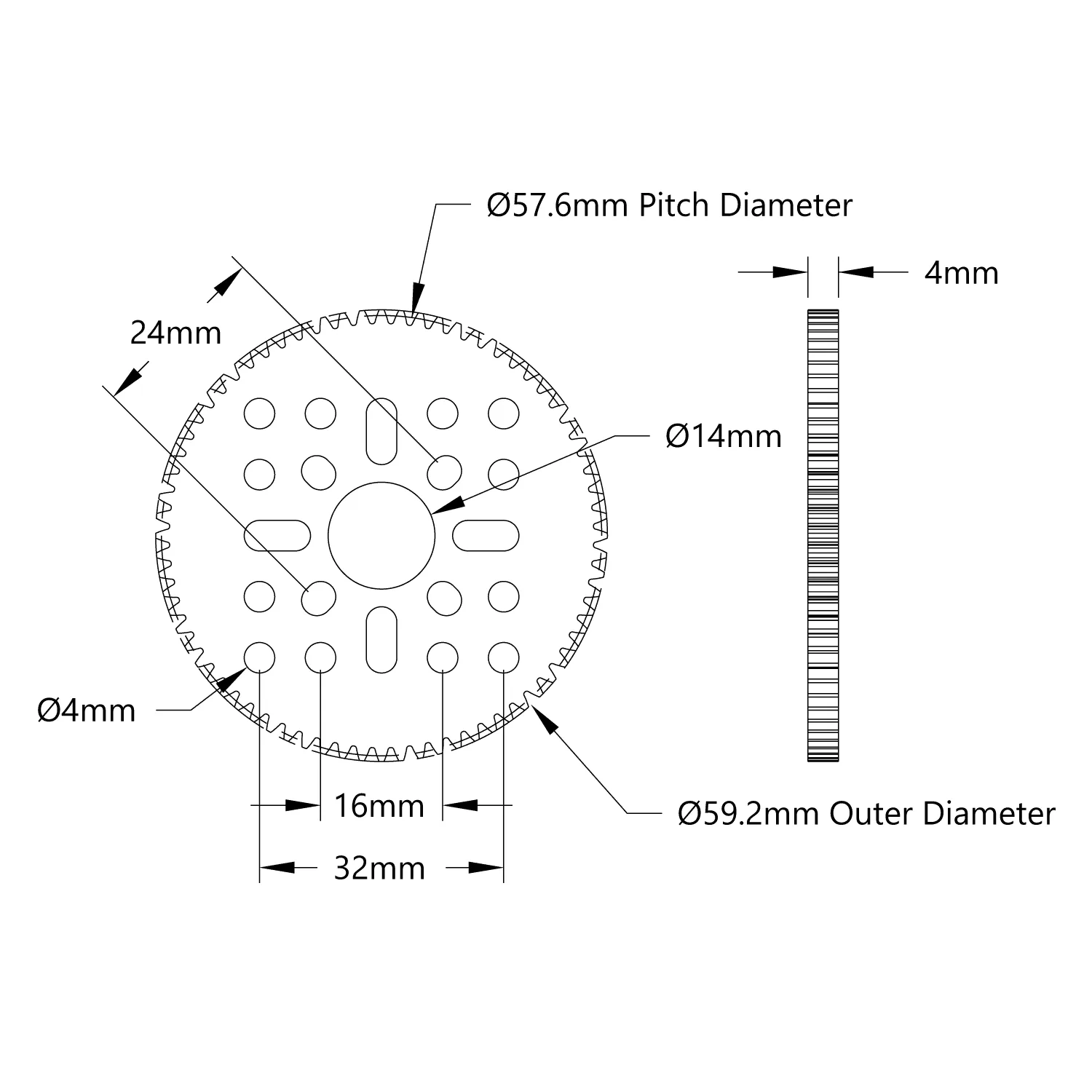 72 Tooth Aluminum Hub-Mount Gear (MOD 0.8, 4mm Thick , 14mm Bore) technical drawing