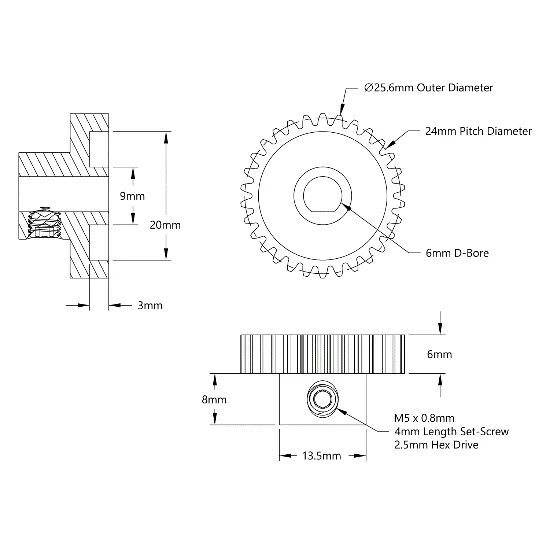 4303 Series Steel, MOD 0.8 Pinion Gear (6mm D-Bore, 30 Tooth) technical drawing