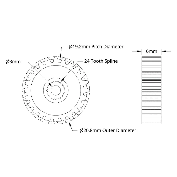 4307 Series Steel, MOD 0.8, Servo Gear (24 Tooth Spline, 24 Tooth) technical drawing