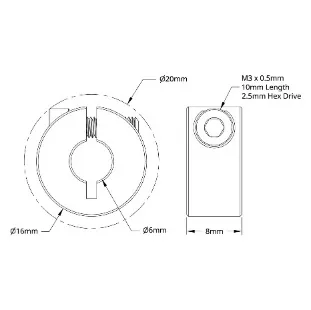 4910 Series Aluminum Clamping Collar (6mm ID x 16mm OD, 8mm Length) technical drawing
