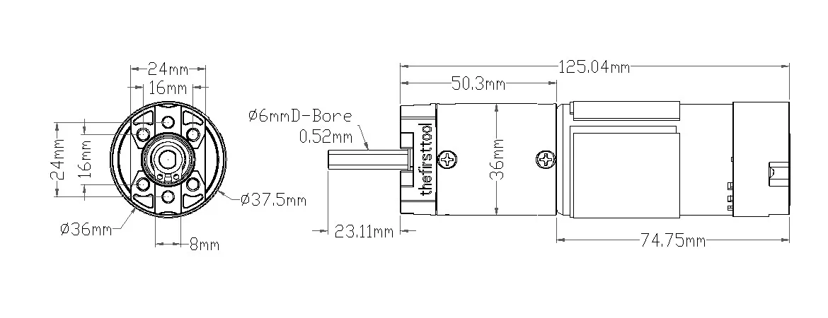 7202 Series Planetary Gear Motor (139:1 Ratio, 24mm Length 6mm D Shaft, 43 RPM, 3.3 - 5V Encoder) technical drawing
