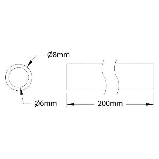 6100Series Aluminum Tube (6mm ID x 8mm OD, 200mm Length) technical drawing