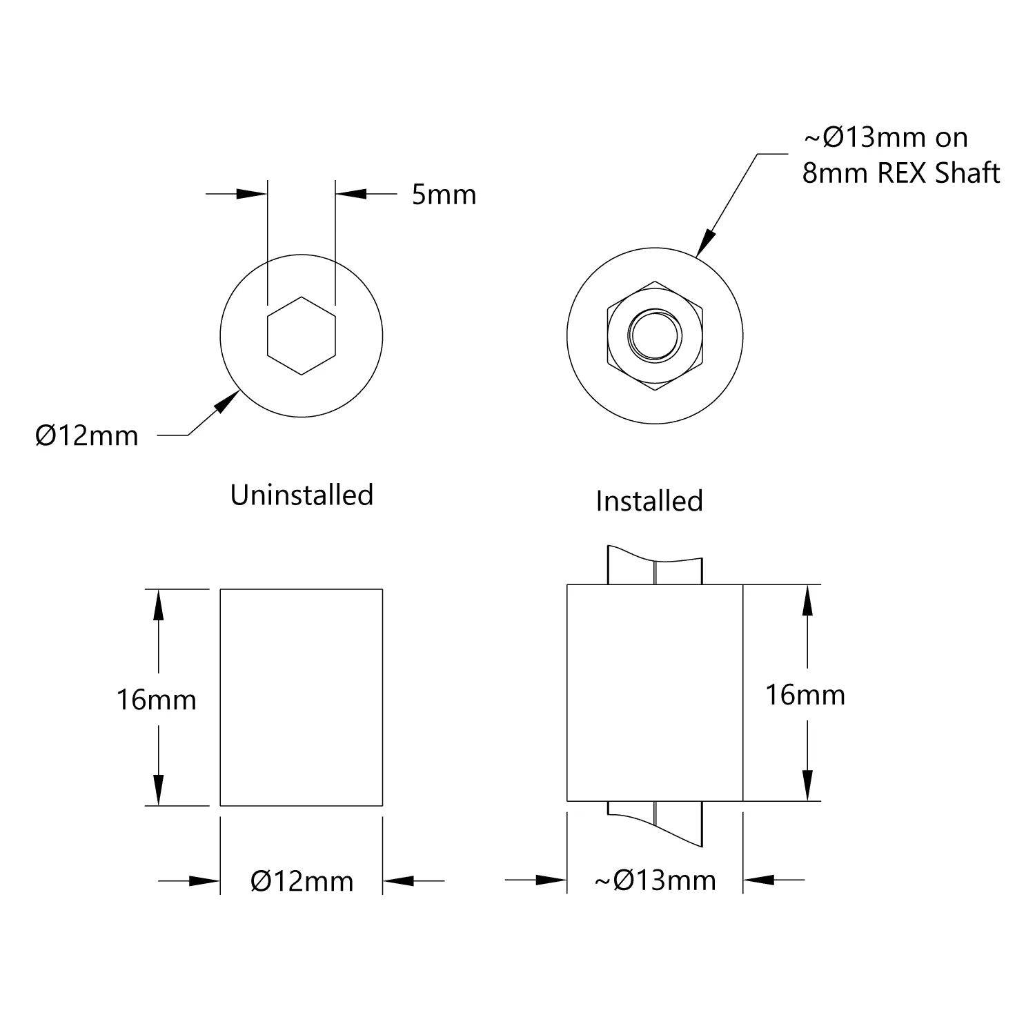 Intake Roller Wheel (8mm REX, 12mm Diameter, 16mm Width, 30A Durometer) - 8 Pack technical drawing