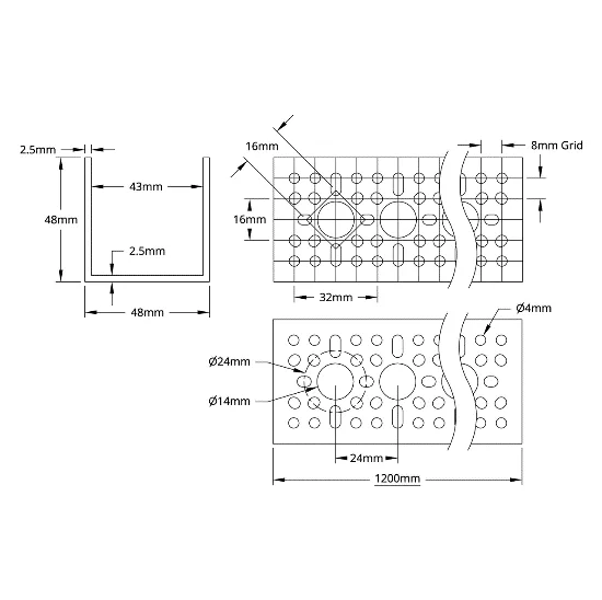 3120 Series U-Channel (49 Hole, 1200mm Length) technical drawing
