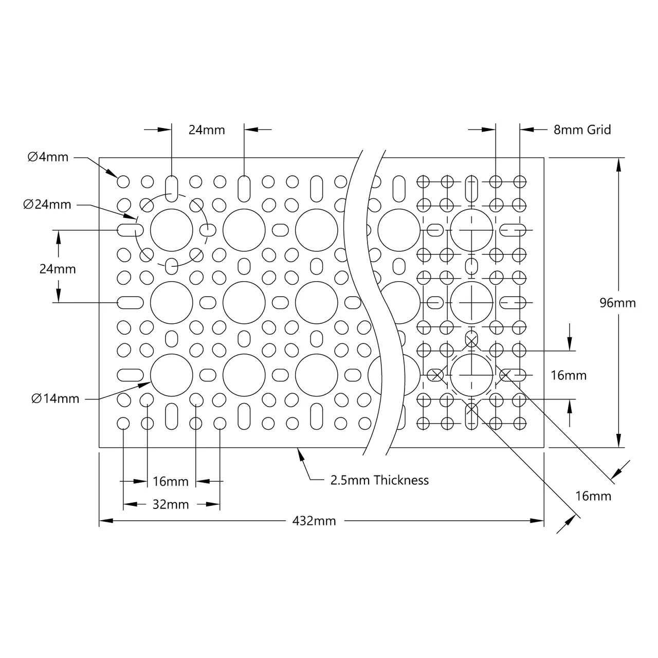 3123 Series Pattern Plate (3 x 17 Hole, 96 x 432mm) technical drawing
