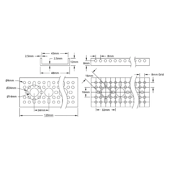 3121 Series Low-Side U-Channel (4 Hole, 120mm Length) technical drawing