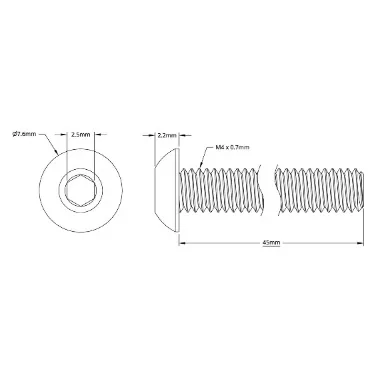 2802 Series Zinc-Plated Steel Button Head Screw (M4 x 0.7mm, 45mm Length) technical drawing