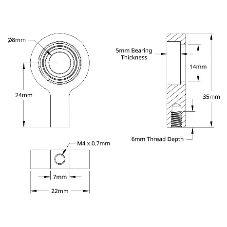 3605 Series 1-Side, 1-Post Pillow Block (8mm Bore) technical drawing