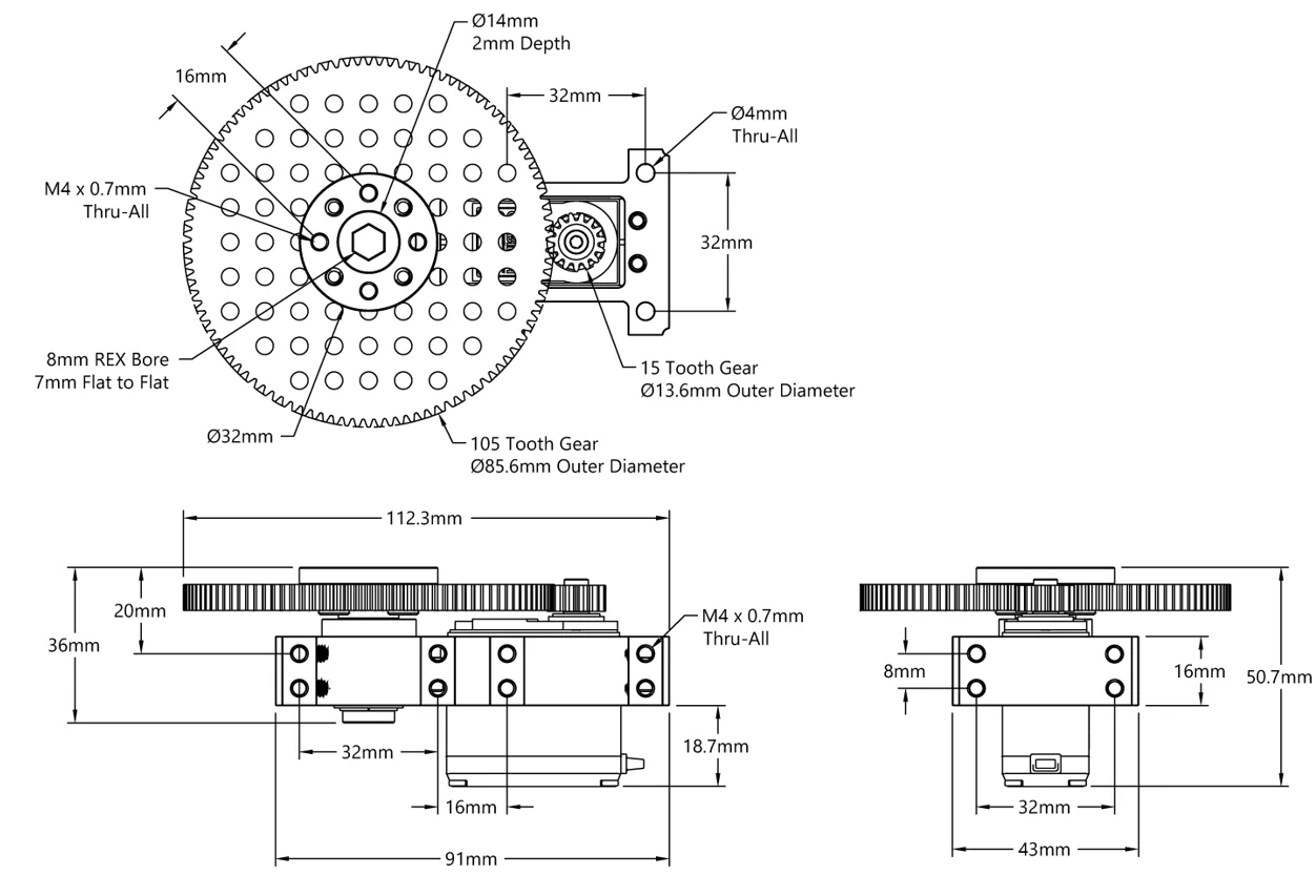 Stingray-7 Servo Gearbox (1.19 sec/60°, 8.6 RPM, 2450 oz-in Torque, 257° Rotation) technical drawing