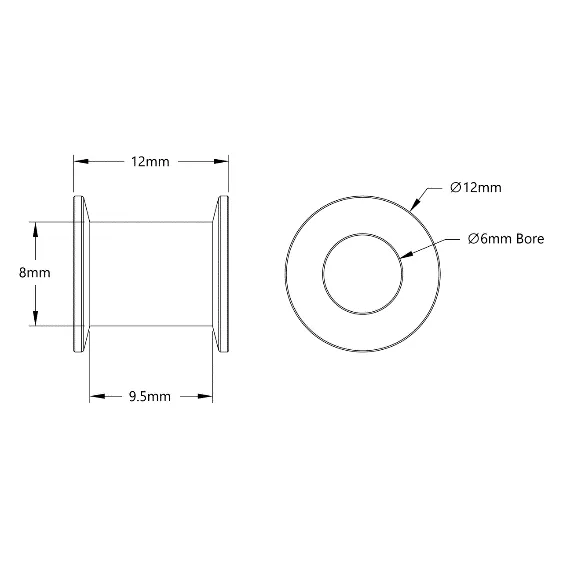 Acetal Timing Belt Idler (6mm ID x 12mm OD, 12mm Width, 1-1) - 2 Pack technical drawing