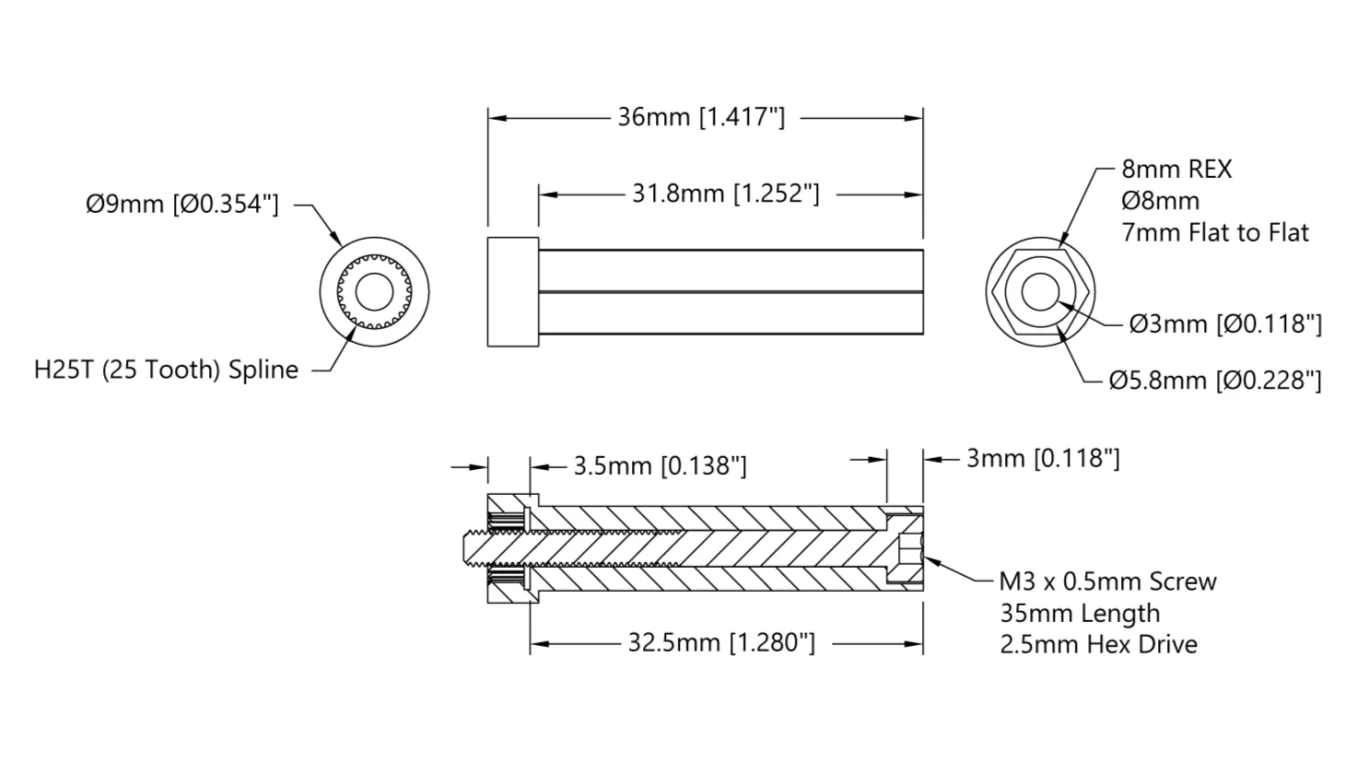 8mm REX Servo Shaft (25 Tooth Spline, 36mm Length) technical drawing
