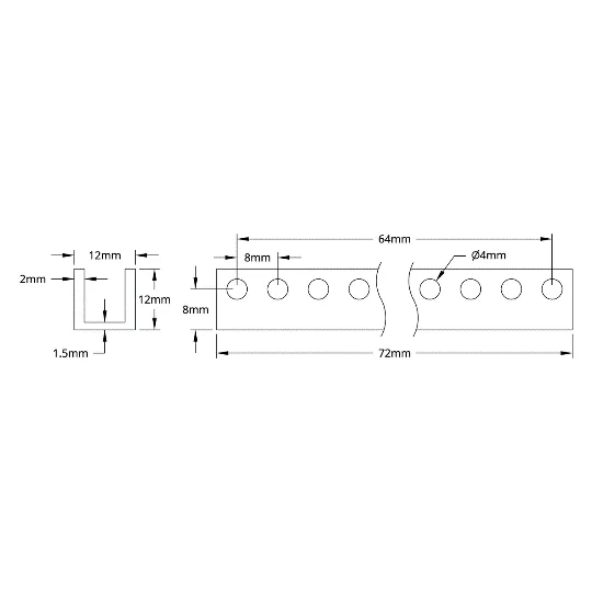 3101 Series U-Beam (9 Hole, 72mm Length) technical drawing