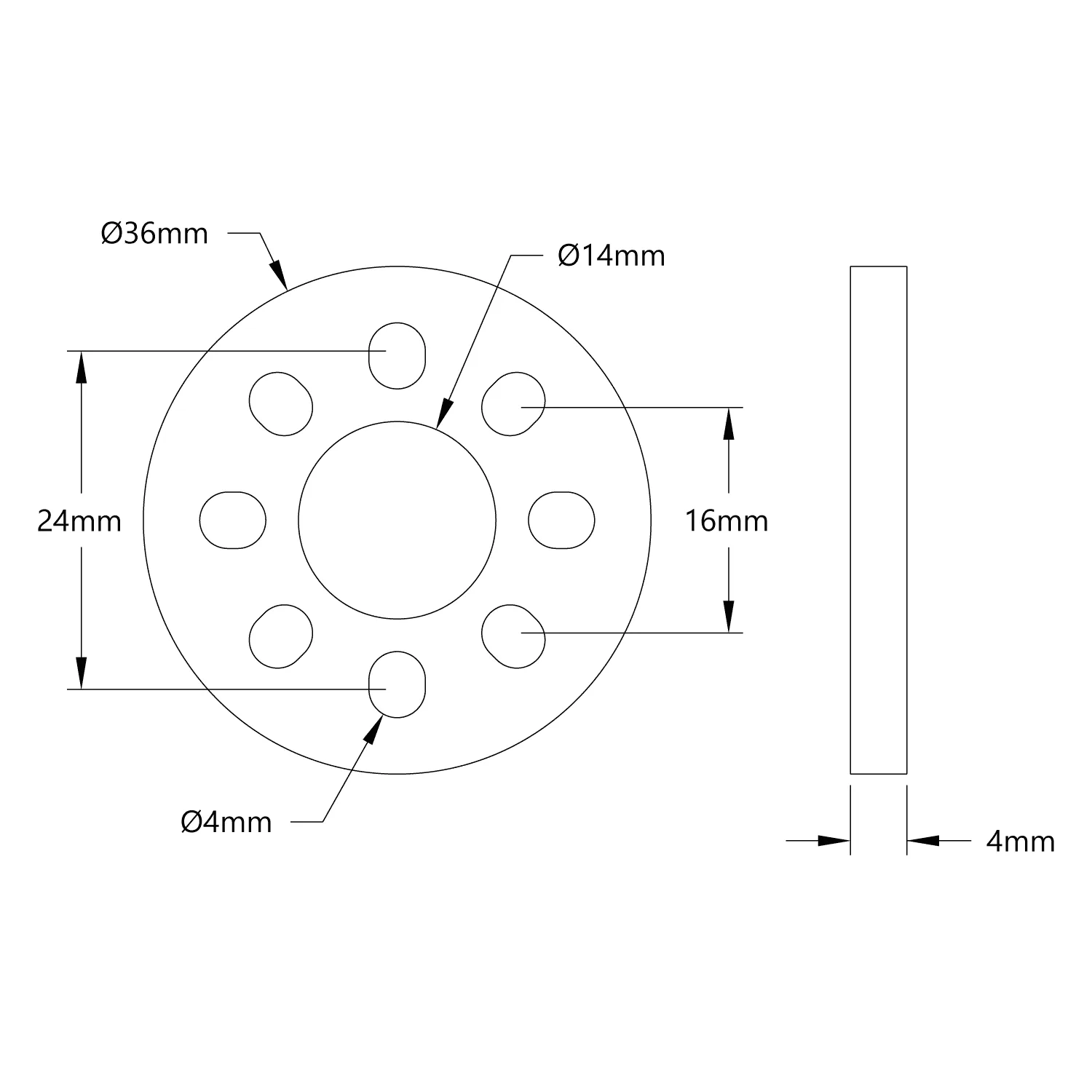 goTUBE Endcap (14mm Bore, 36mm OD, 4mm Thick) - 4 Pack technical drawing
