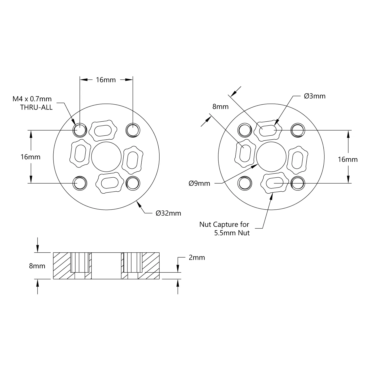 Thru-Hole REV to Threaded goBILDA Pattern Adaptor (16-10) technical drawing