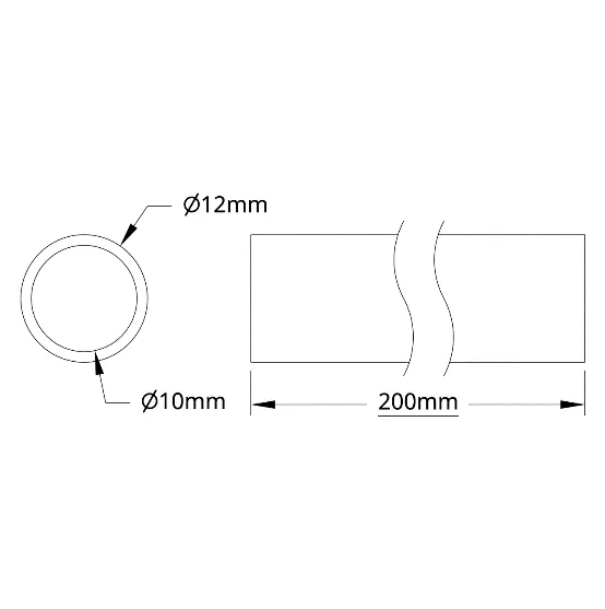 6100Series Aluminum Tube (10mm ID x 12mm OD, 200mm Length) technical drawing
