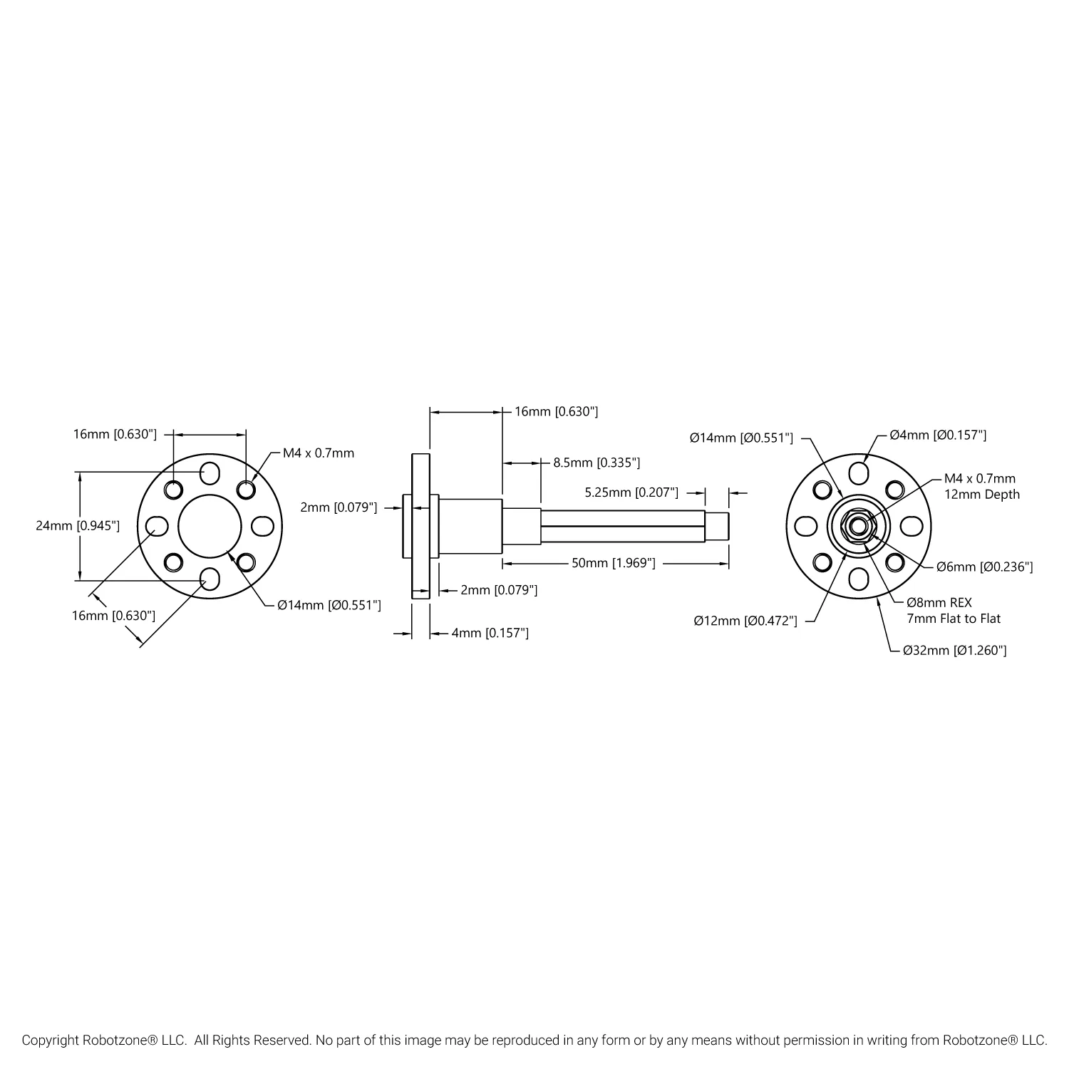 Shouldered 8mm REX Hub-Shaft (70mm Length) technical drawing