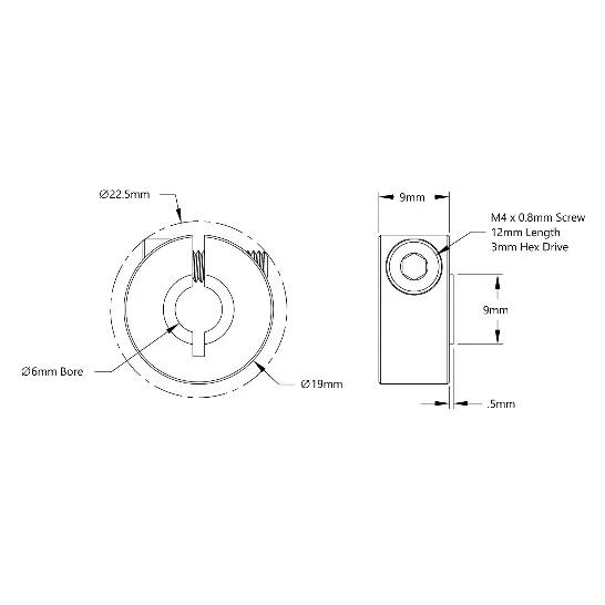 4910 Series Aluminum Clamping Collar (6mm ID x 19mm OD, 9mm Length) technical drawing