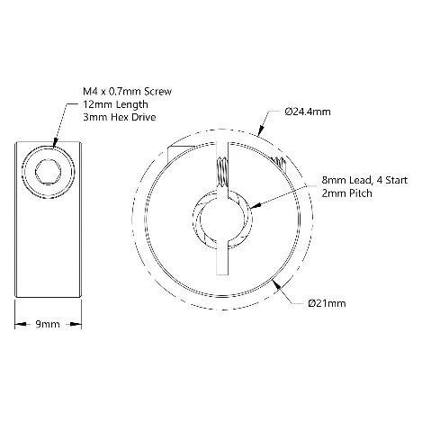 5504 Series Lead Screw Clamping Collar (8mm Lead, 4 Start, 21mm OD, 9mm Length) technical drawing