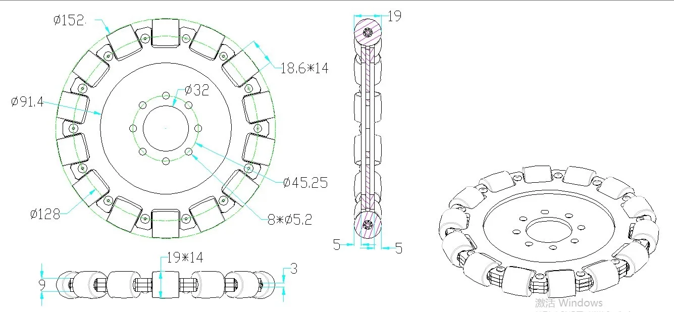 152mm metal Omni Wheel(32mm Bore) technical drawing