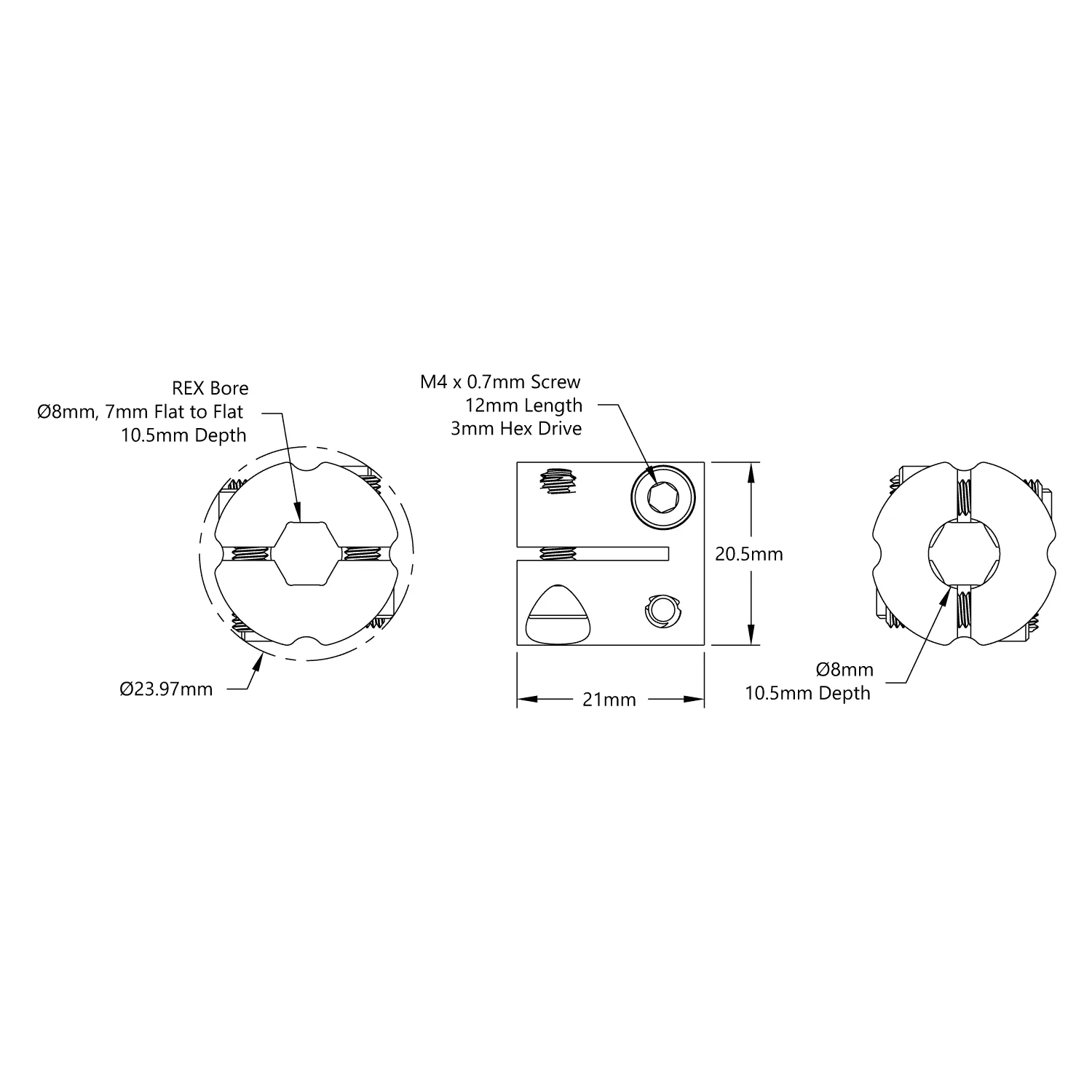 6007 Series Hyper Coupler (8mm Round Bore to 8mm REX Bore) technical drawing