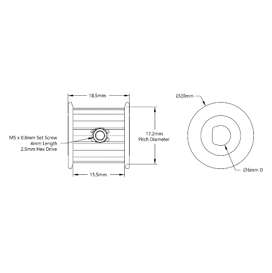 5404 Series 3mm HTD Pitch Set Screw Pinion Timing Belt Pulley (6mm D-Bore, 18 Tooth) technical drawing