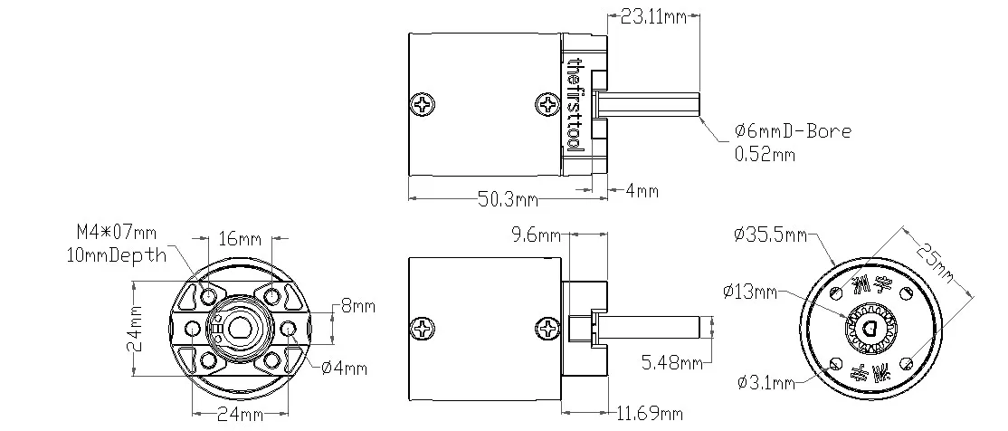7102 Series Planetary Gearbox (50.9:1 Ratio, 24mm Length 6mm D Shaft) technical drawing