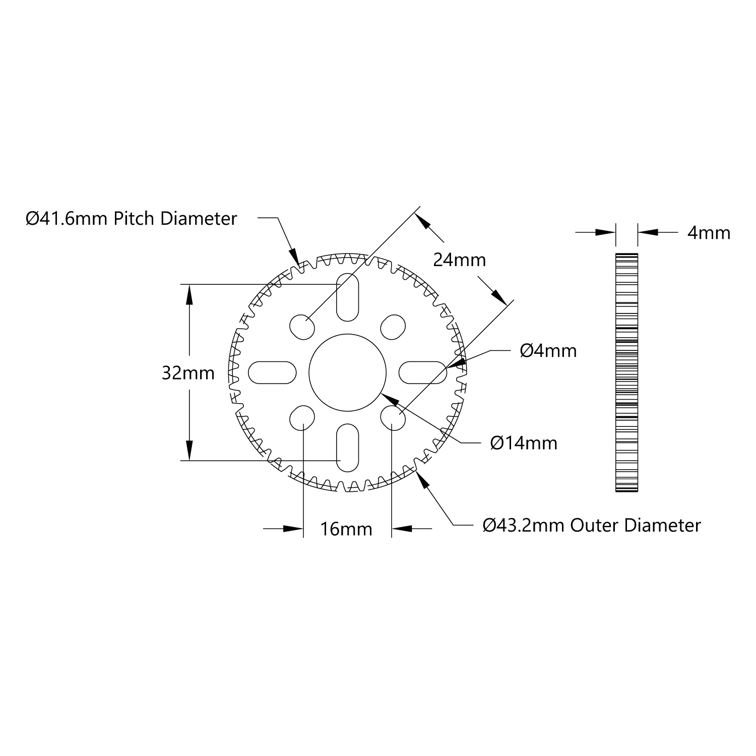 52 Tooth Aluminum Hub-Mount Gear (MOD 0.8, 4mm Thick , 14mm Bore) technical drawing