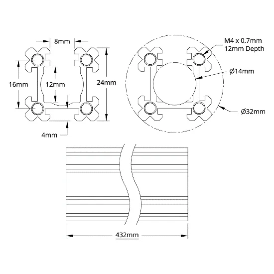 3118 Series Open goRUN (432mm Length) technical drawing